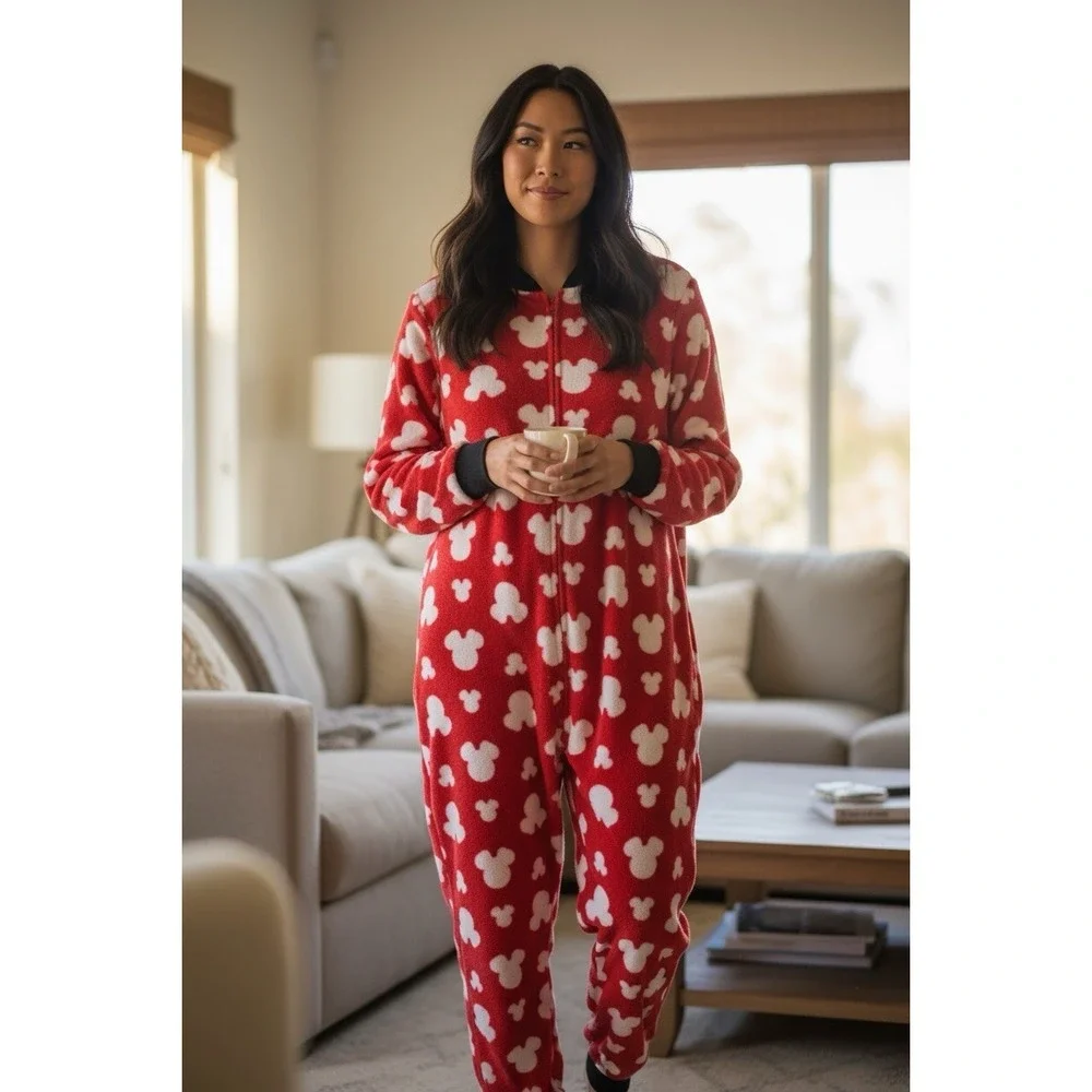 Adult Small Disney‎ Party Park Mickey Minnie Mouse One Piece Pajamas Footed PJ S - Picture 4 of 16